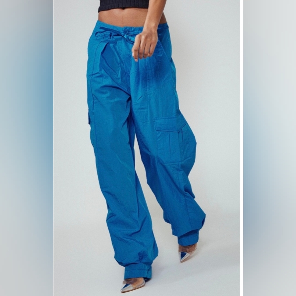 New Pretty Little Thing Bright Blue Parachute Shell Cargo Pants Size 6